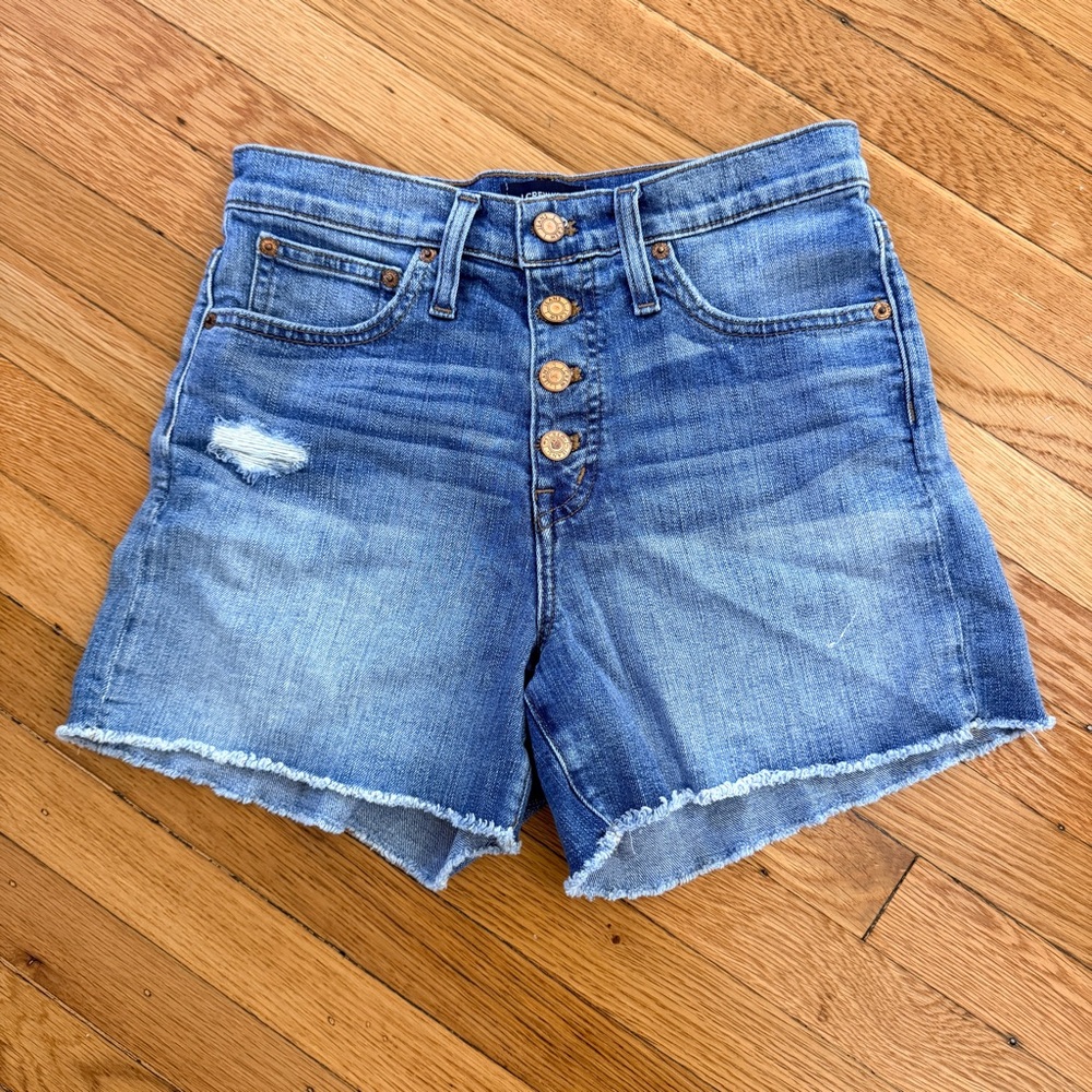 J.Crew High Rise Denim Jean Shorts Size 25 Distressed Raw Hem